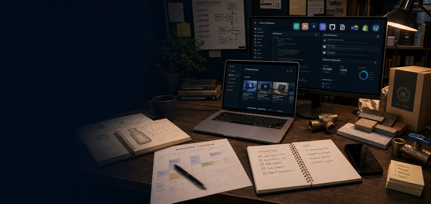 AI think tank strategy desk with business systems, training library, and operations materials