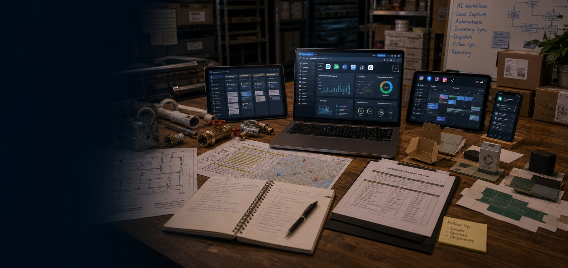 Operations table with AI dashboards, trades plans, packaging, supply chain, and marketing materials