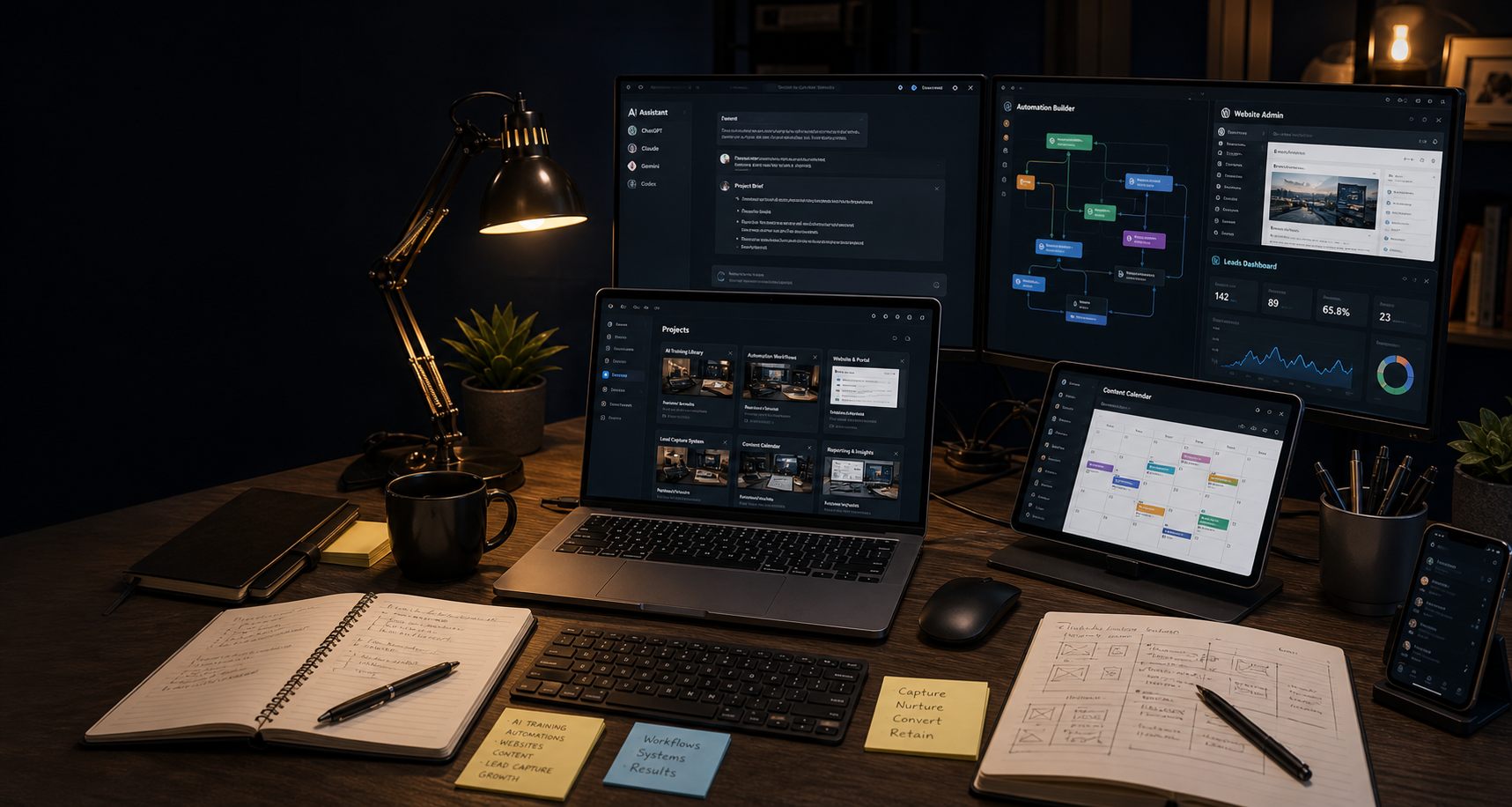Services workstation with AI systems, automations, content calendar, and lead dashboard