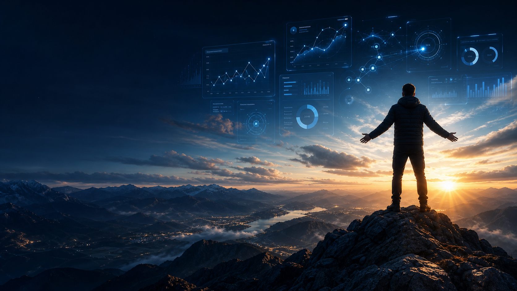 Business strategist on a mountain summit with growth analytics dashboards
