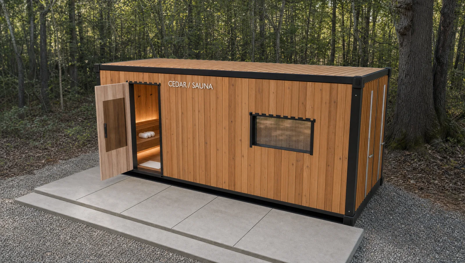 Generated shipping-container sauna exterior and cedar interior based on the project drawings