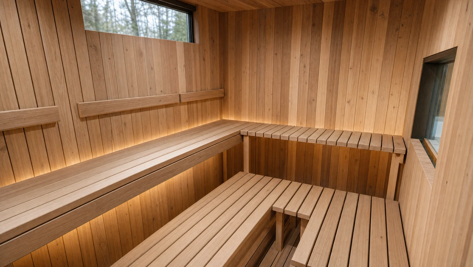 Generated shipping-container sauna exterior and cedar interior based on the project drawings